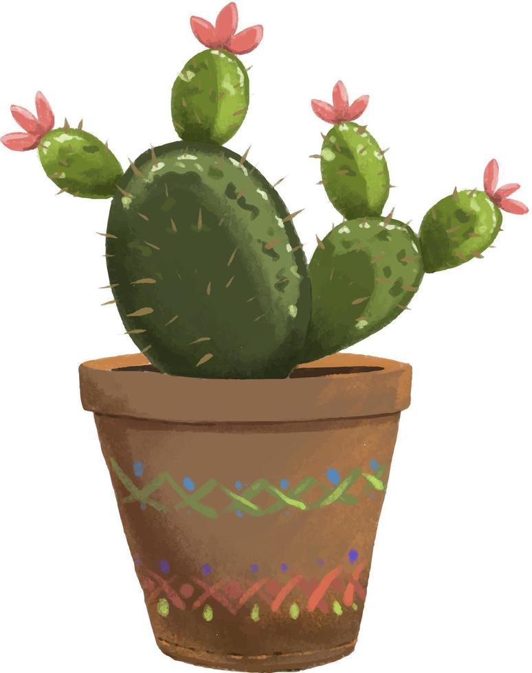 illustration vectorielle d'opuntia de plante d'intérieur en pot. succulente dans un style texturé moderne. isolé sur fond blanc vecteur