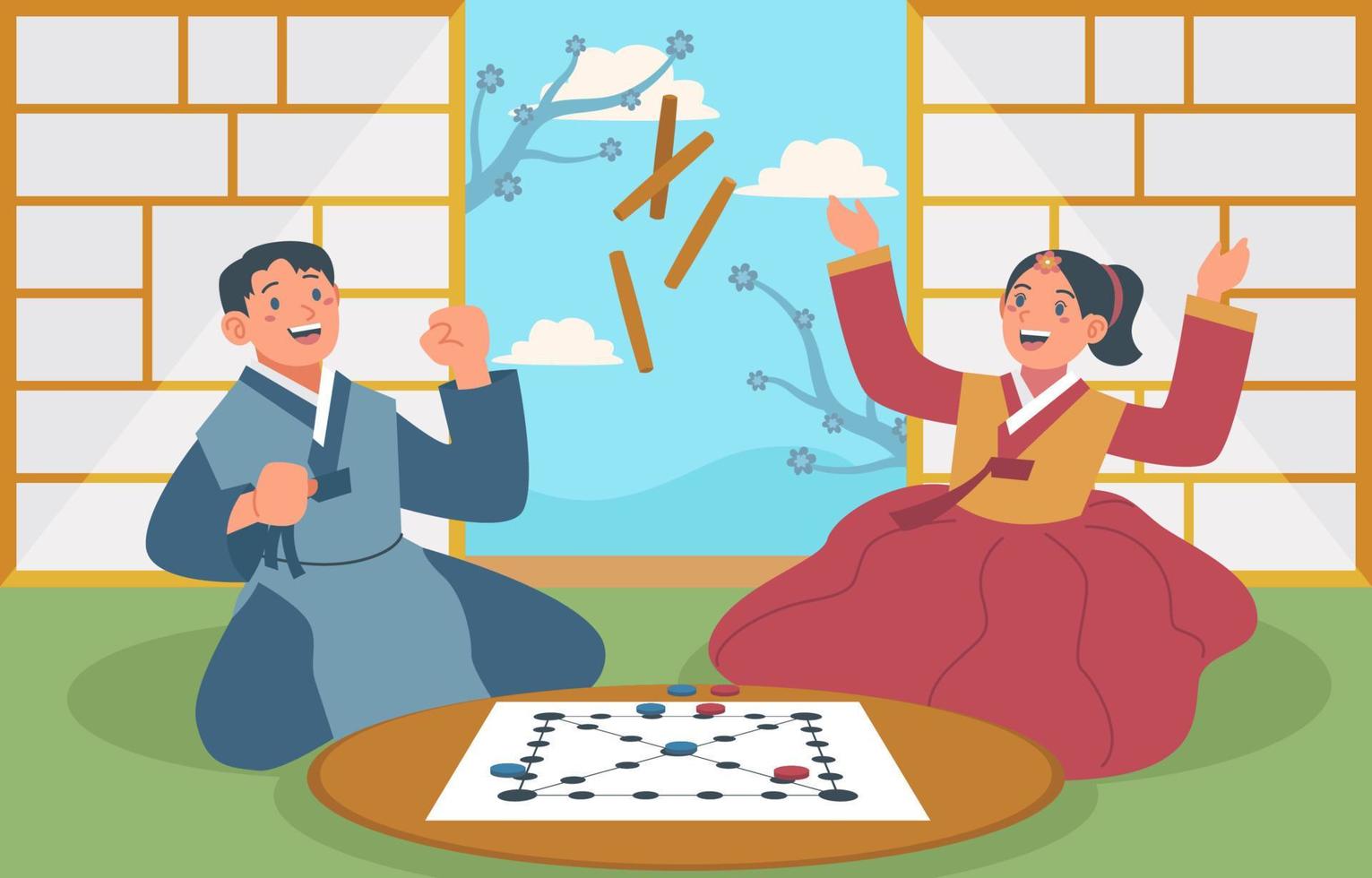 couple jouant joyeusement à des jeux yut nori le jour de seollal vecteur