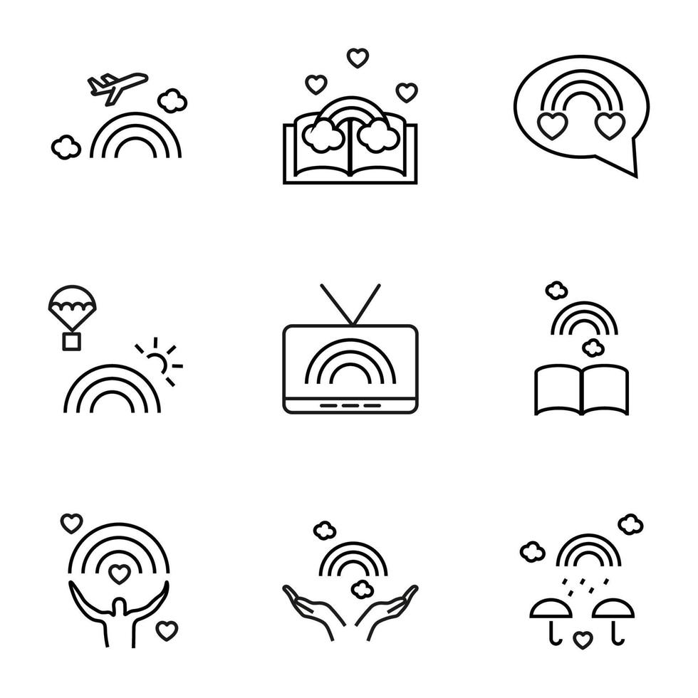 ensemble de symboles de contour modernes pour les magasins Internet, les magasins, les bannières, les publicités. icônes de ligne isolées vectorielles d'avion, livre, ballon, télévision, homme, parapluie, main ouverte par arc-en-ciel vecteur