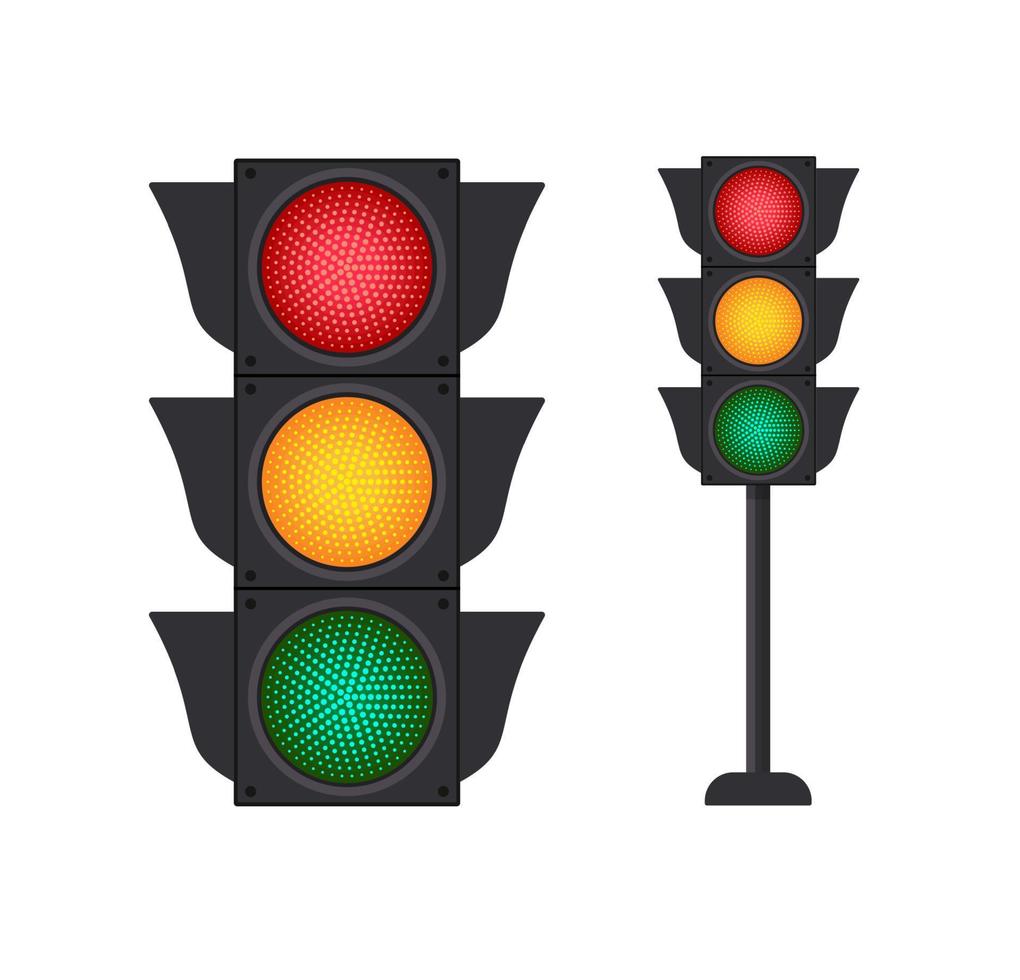 icônes représentant des feux de circulation horizontaux typiques avec une lumière rouge au-dessus du vert et du jaune entre l'illustration vectorielle isolée vecteur