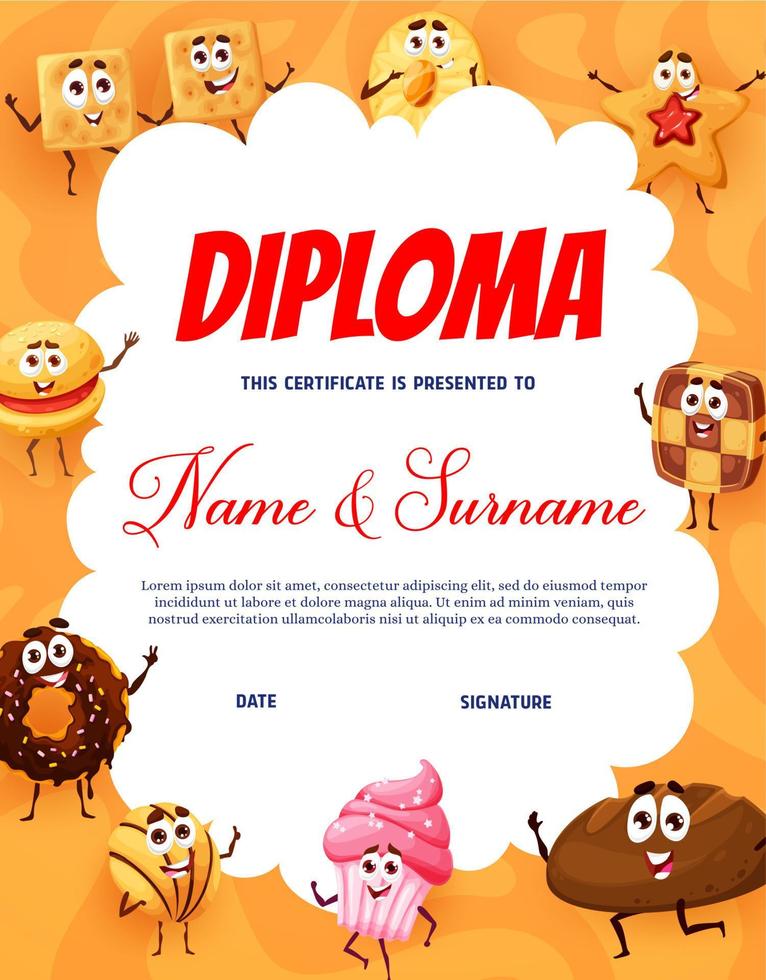 diplôme pour enfants personnages de boulangerie, pâtisserie et biscuiterie vecteur