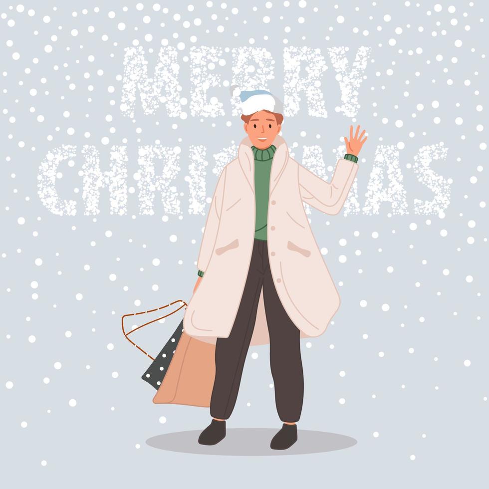 homme heureux avec des cadeaux de Noël. homme portant en bonnet de noel sur fond de neige concept de joyeux noël. illustration vectorielle vecteur