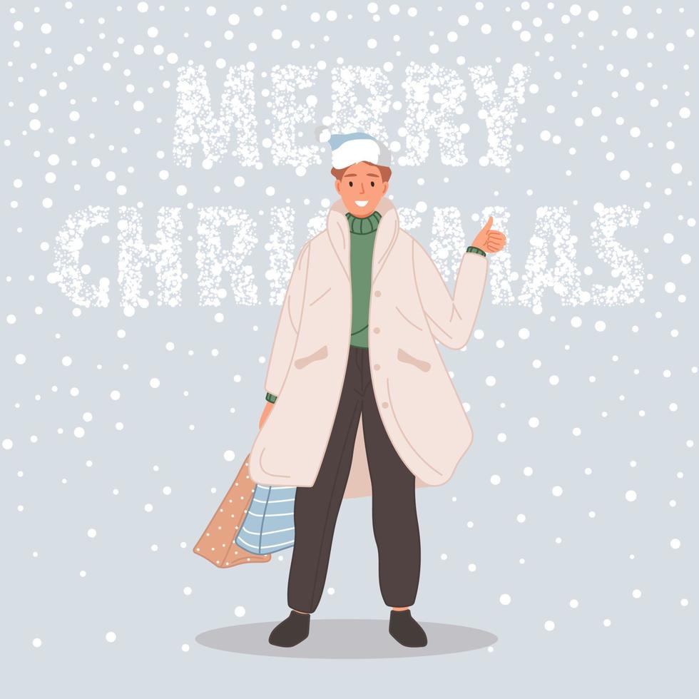 homme heureux avec paquet de noël. homme portant en bonnet de noel sur fond de neige concept de joyeux noël. illustration vectorielle vecteur