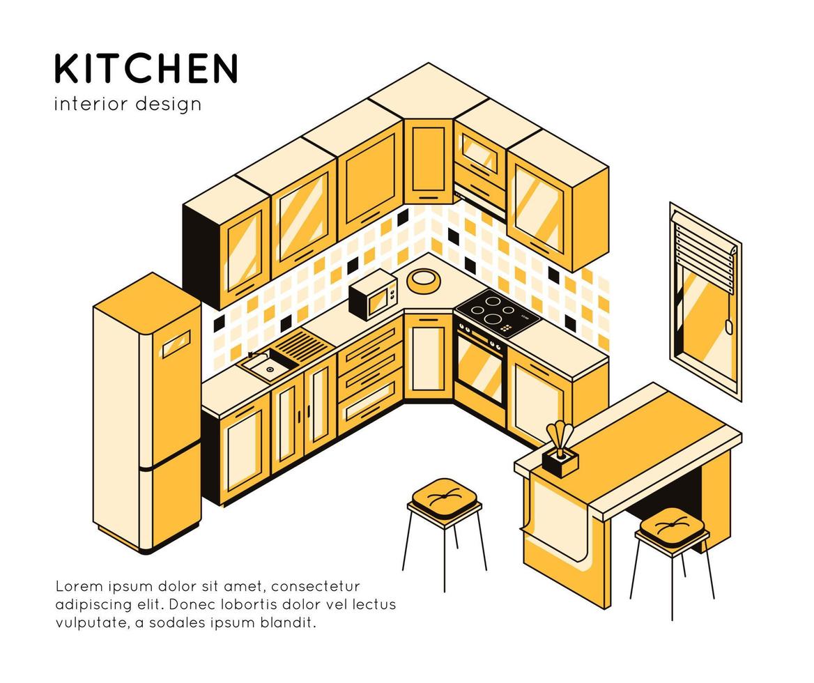 Intérieur de cuisine concept 3d, équipement de préparation des aliments, appareils électroménagers sur fond blanc. modèle pour magasin de meubles, studio de design, entreprise d'architecture. illustration isométrique vectorielle vecteur