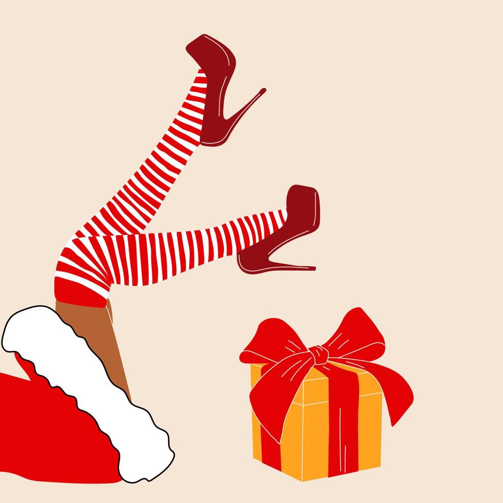 jambes de femme santa avec talons et cadeau de noël vecteur