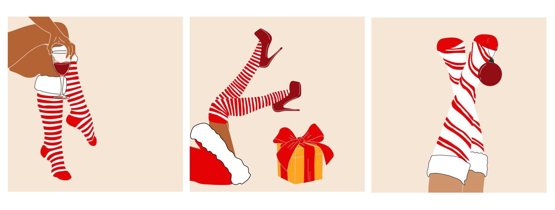 ensemble de trois jambes de femme santa avec boule de noël, cadeau et vin. vecteur en style cartoon. tous les éléments sont isolés