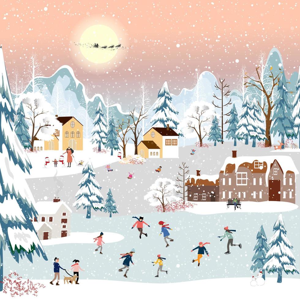 paysage de scène d'hiver la nuit de noël, bannière vectorielle joli pays des merveilles d'hiver dans la ville avec des enfants heureux faisant de la luge et jouant des patins à glace dans le parc, joyeux noël, nouvel an 2023 arrière-plan vecteur