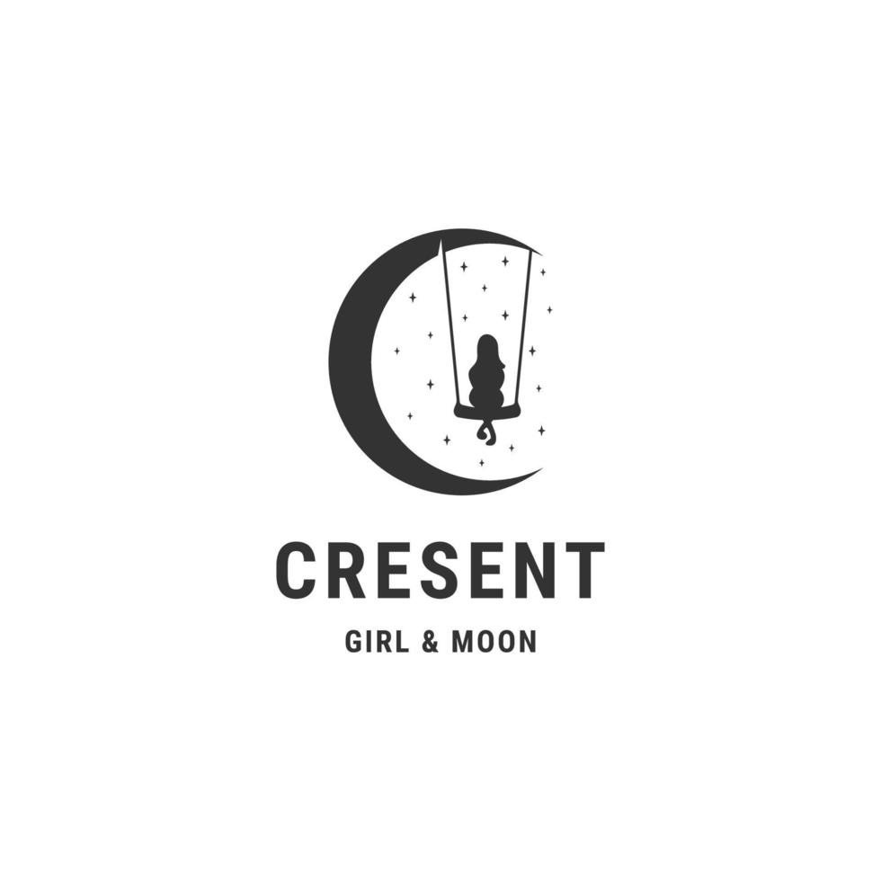 balançoire en croissant avec modèle de conception de logo fille et lune vecteur plat