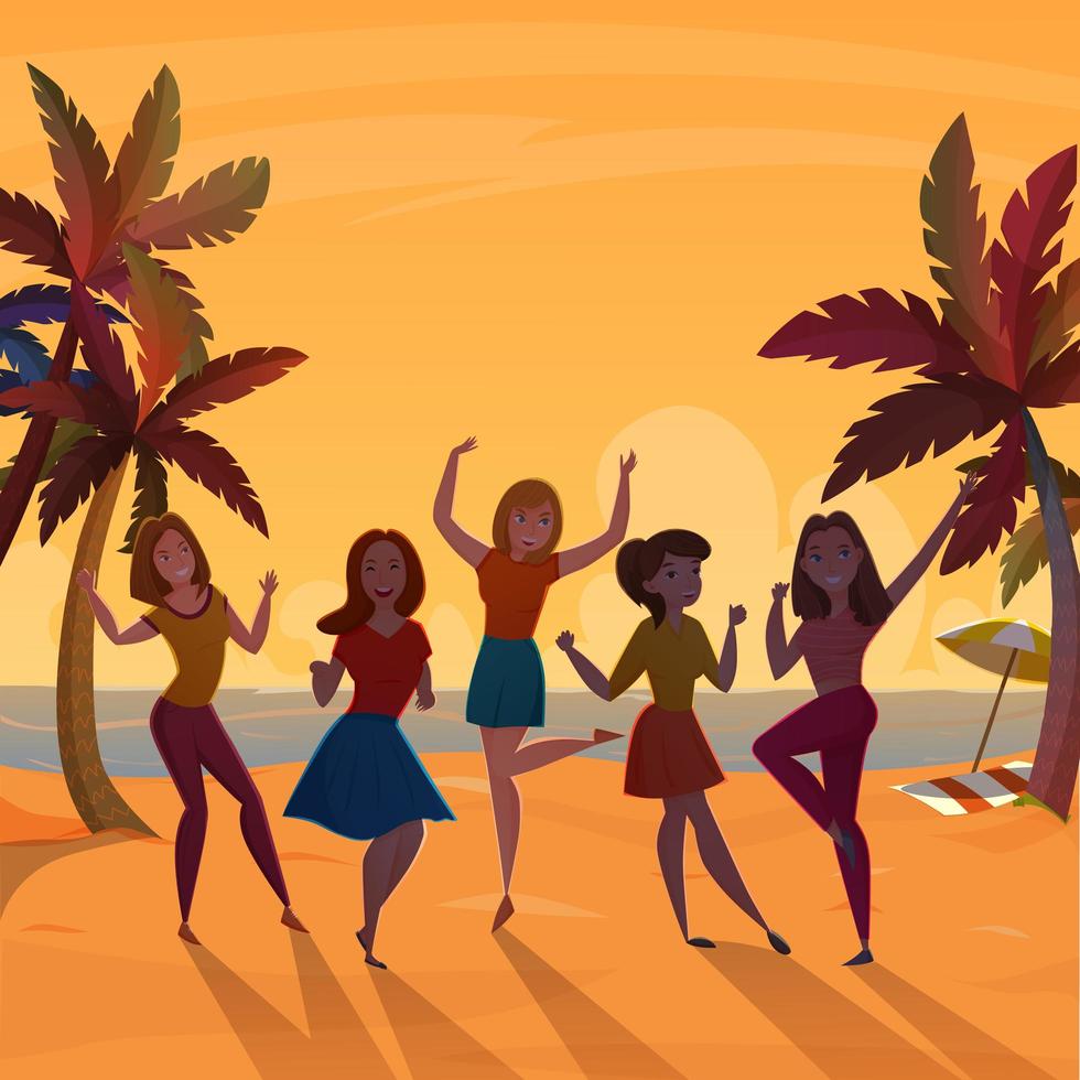 femmes dansant sur la plage au coucher du soleil vecteur
