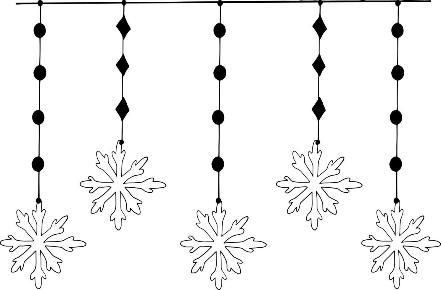 guirlande avec flocons de neige suspendus bannière, bordure, cadre, autocollant. croquis doodle dessiné à la main. minimalisme monochrome scandinave. vacances d'hiver, décor de noël nouvel an vecteur