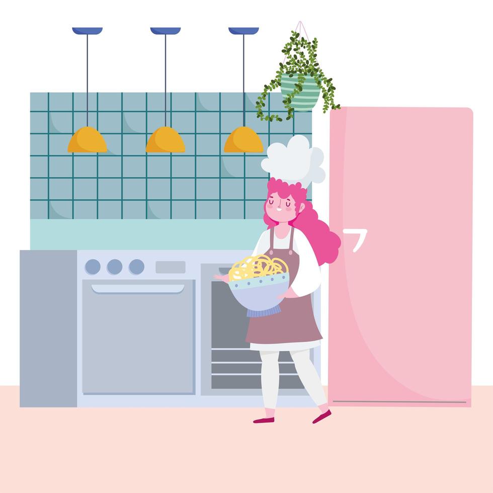 femme chef avec spaghetti dans la cuisine vecteur