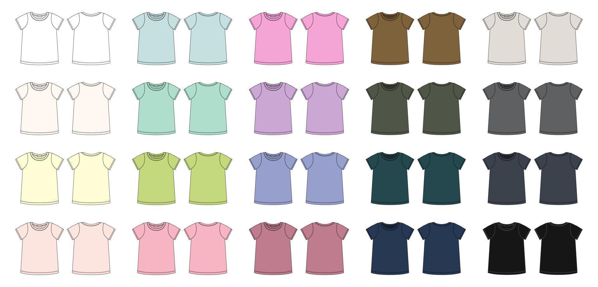 ensemble de croquis technique de t-shirt vierge. couleurs différentes. collection de modèles de conception de contour de t-shirt féminin. ensemble de maquette de t-shirt à manches courtes. vecteur