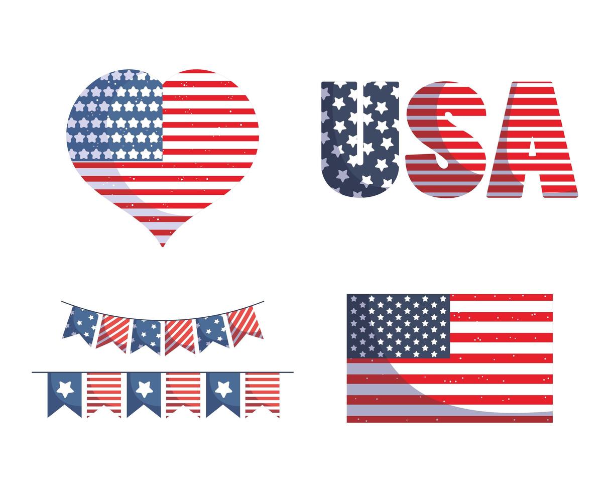 drapeau américain, coeur et fanion de bannière vecteur
