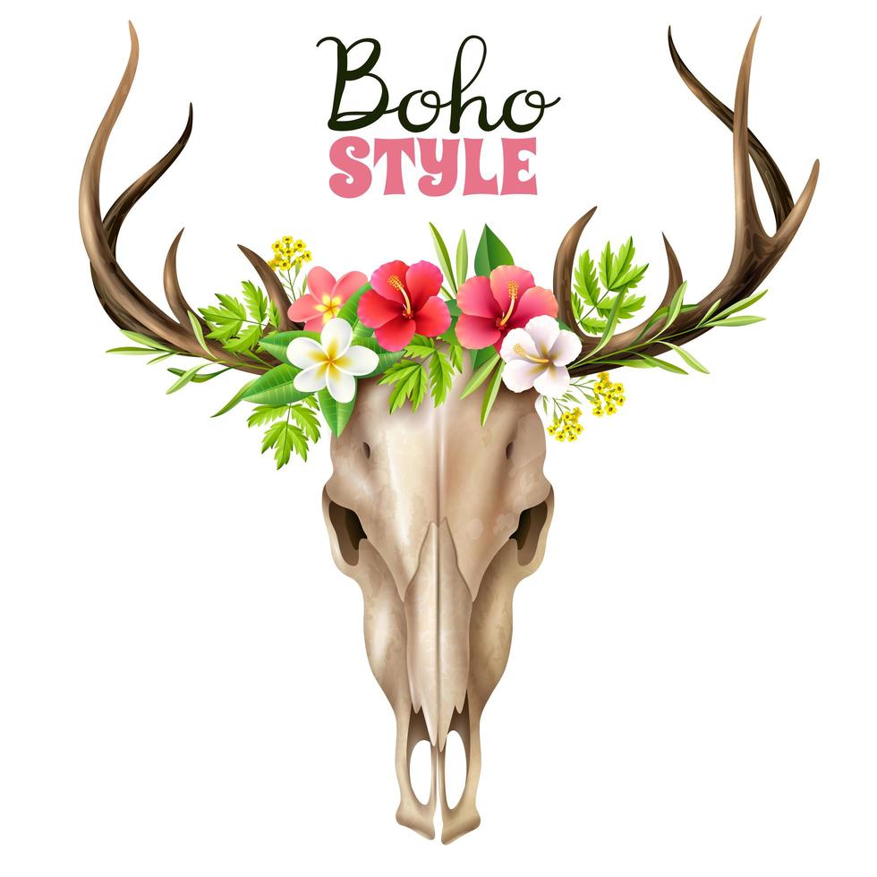 Éléments floraux boho crâne de cerf vecteur