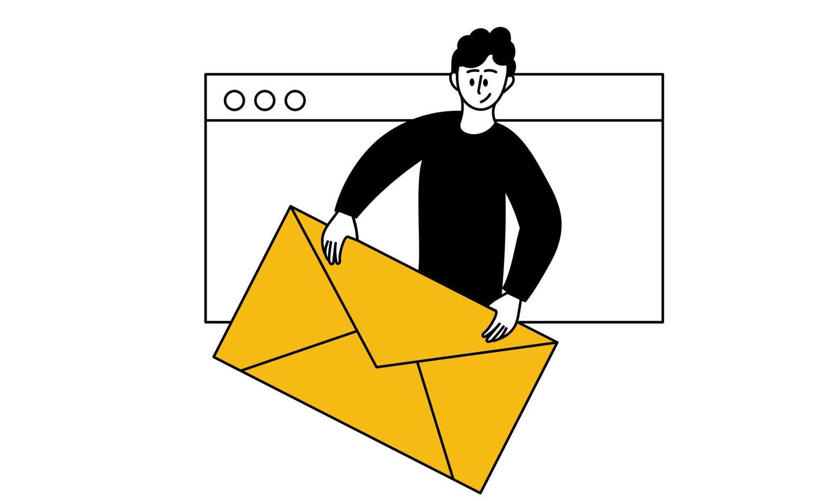 courrier électronique professionnel en ligne et homme détiennent l'illustration vectorielle de l'enveloppe du courrier. les gens de la messagerie et de la communication internet. support de contact et d'adresse de site Web. médias numériques et envoyer une newsletter électronique vecteur