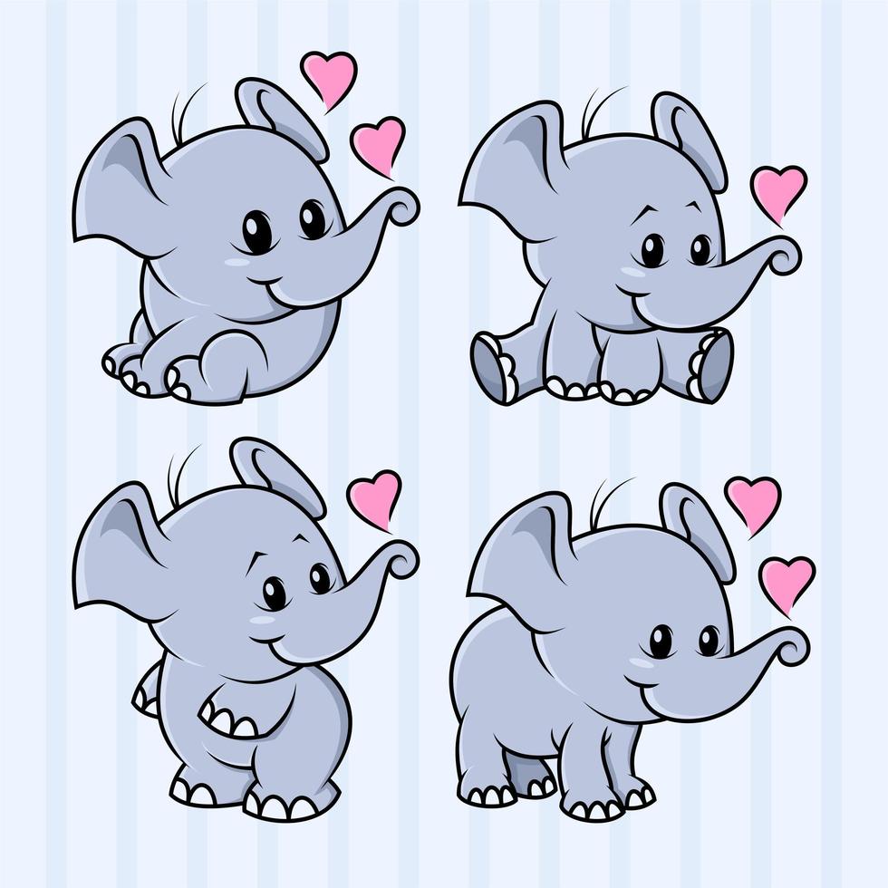 Conception de dessin animé d'éléphant mignon icône 4 set vecteur