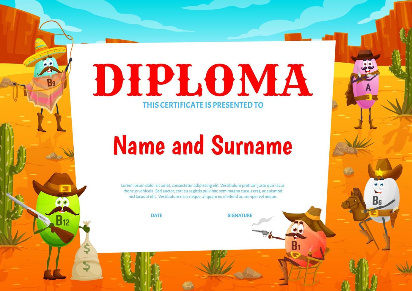 diplôme pour enfants, western vitamin cowboy et shérif vecteur