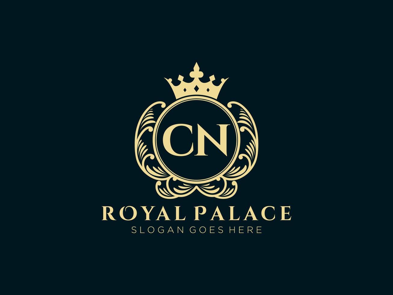 lettre cn logo victorien de luxe royal antique avec cadre ornemental. vecteur