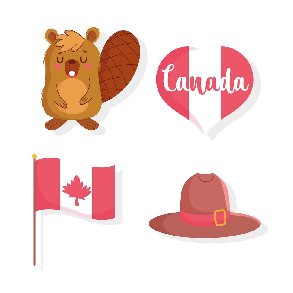castor, drapeau, coeur et chapeau pour la fête du canada vecteur