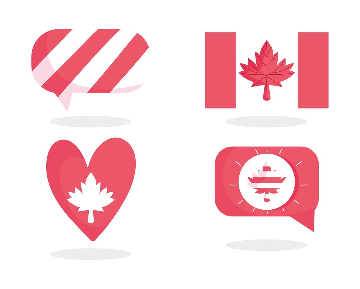 drapeau canadien, feuille d'érable, bulle et coeur vecteur