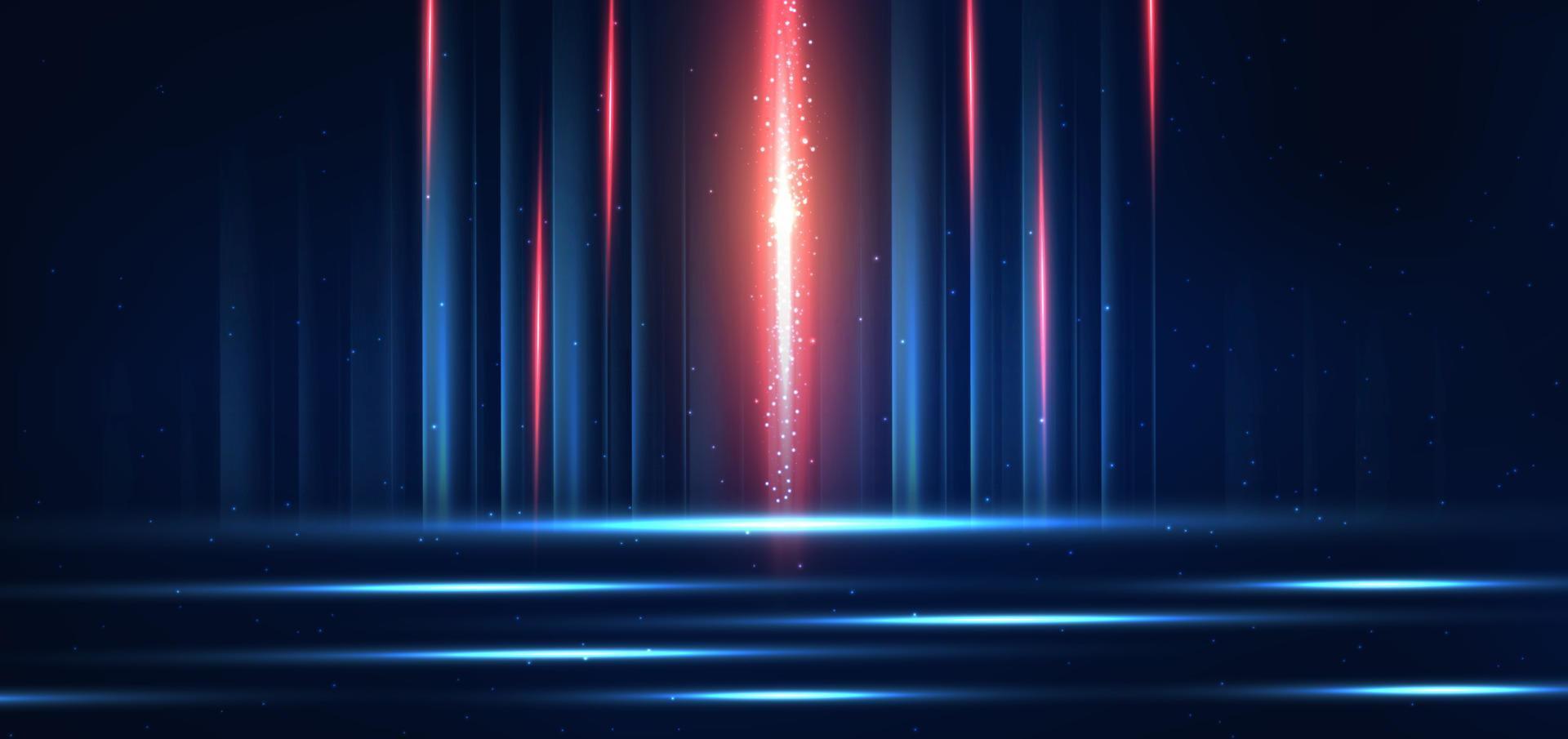 technologie abstraite lignes lumineuses bleues et rouges rougeoyantes futuristes avec effet de flou de mouvement de vitesse sur fond bleu foncé. vecteur