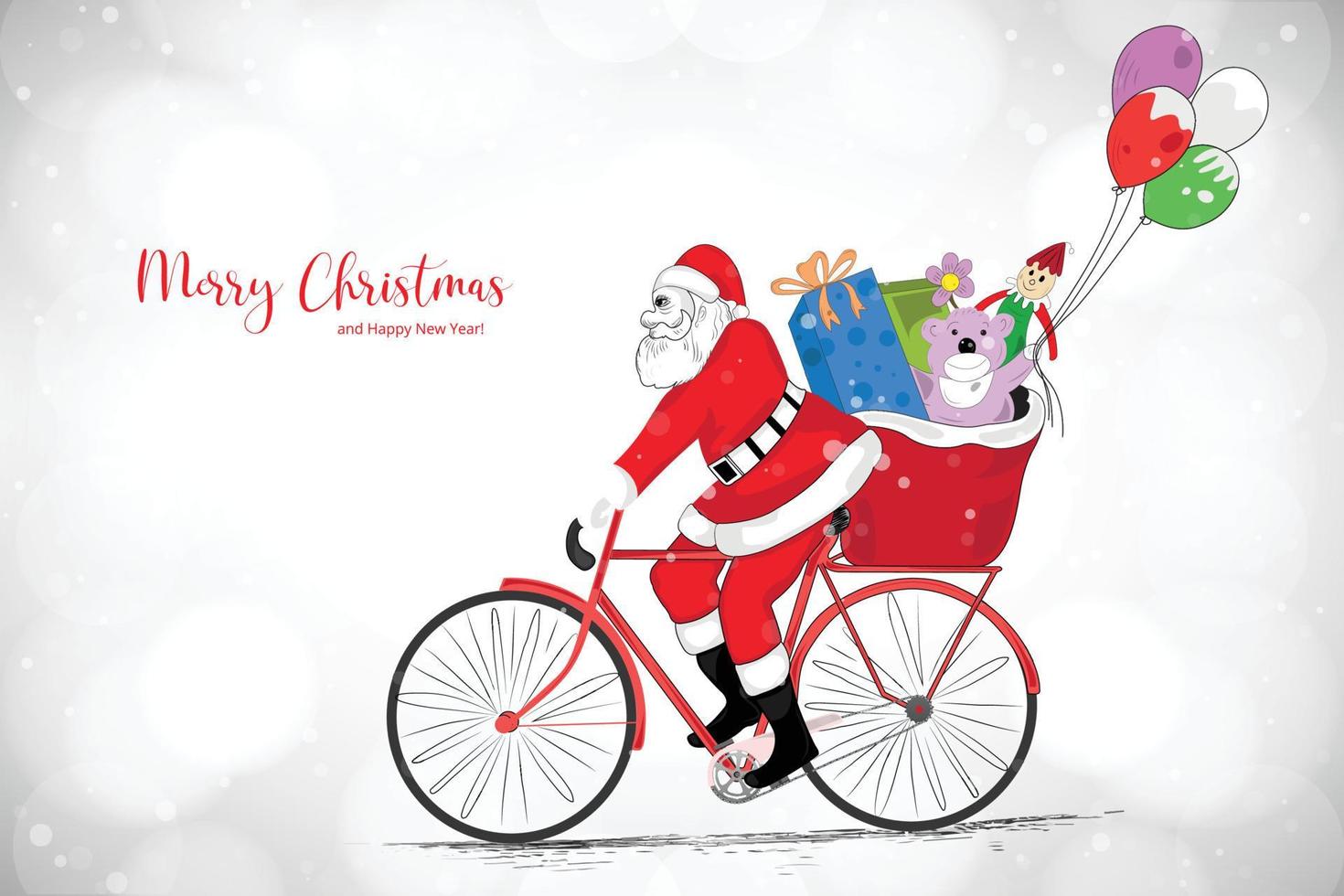 illustration le père noël sur un vélo livrant des cadeaux de noël sur fond de carte vecteur