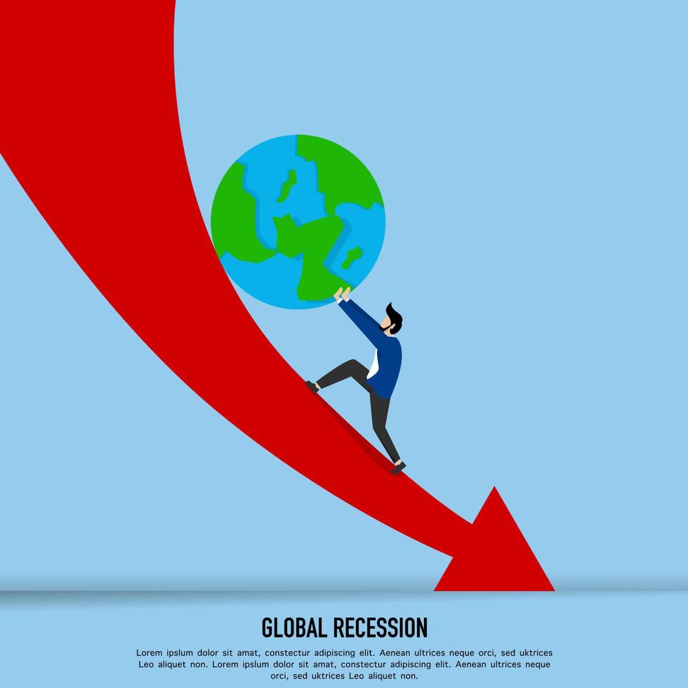 crise financière. entrepreneurs qui poussent la terre vers le haut. concept de survie pendant la récession mondiale. faillite de l'entreprise. graphique avec des flèches descendantes vecteur