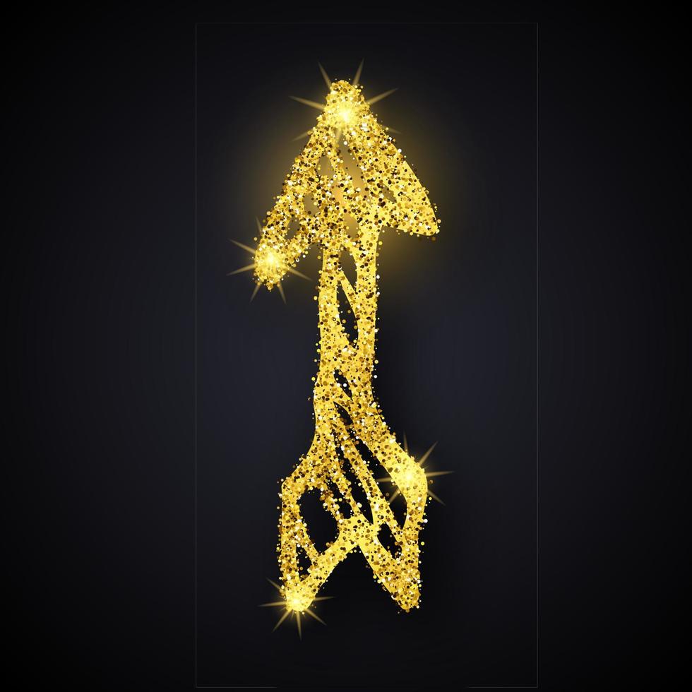 flèche dessinée à la main de paillettes d'or. flèche de doodle avec effet de paillettes d'or sur fond sombre. illustration vectorielle vecteur