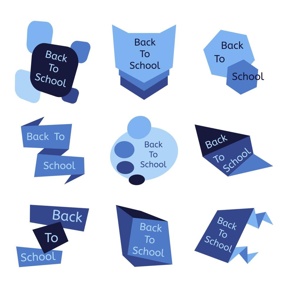 ensemble de neuf badges bleus de retour à l'école. étiquettes scolaires et collection d'icônes. illustration vectorielle. vecteur