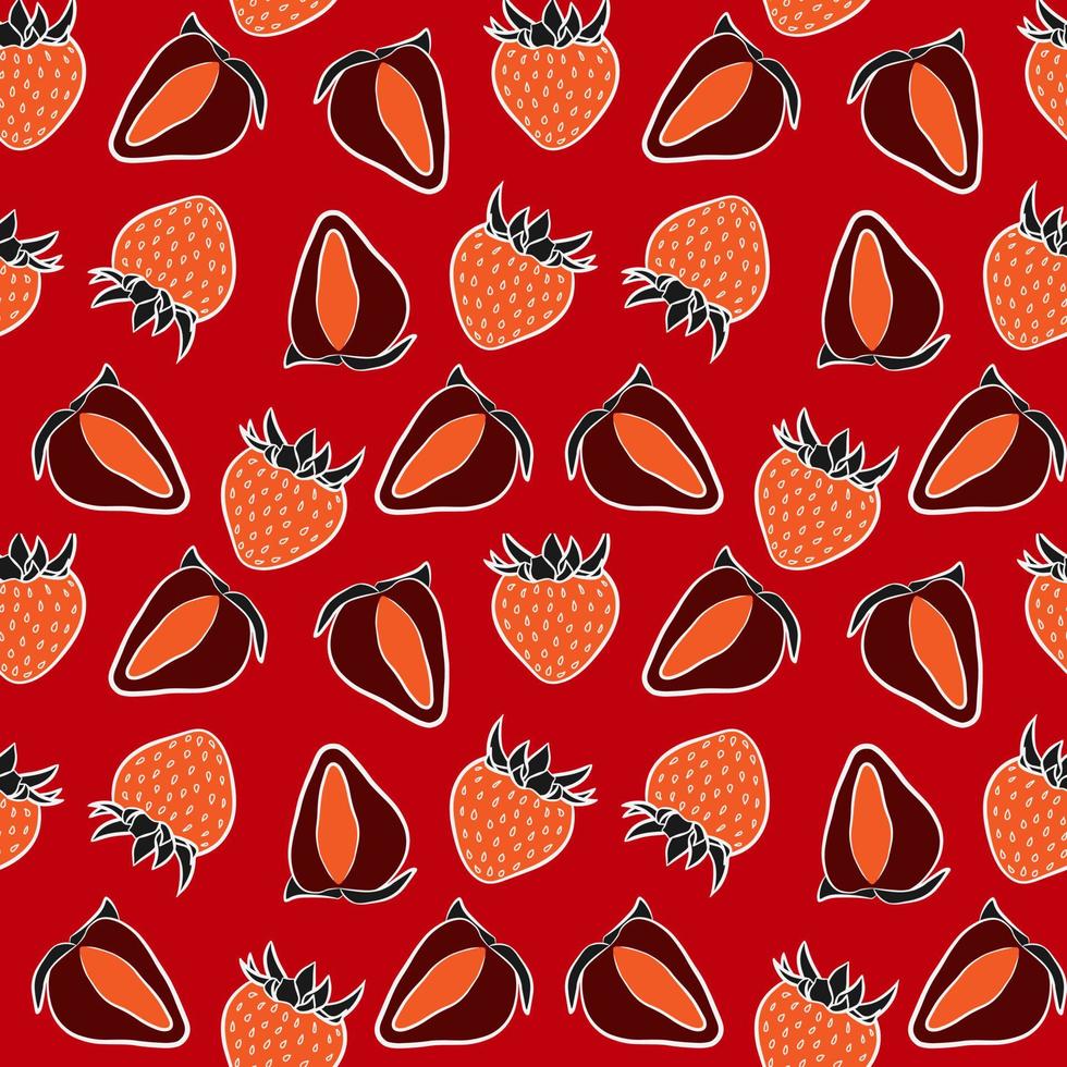 modèle sans couture fraise coloré isolé sur fond blanc. modèle d'impression de tissu vectoriel doodle avec baies rouges. conception d'emballage de fruits juteux dessinés à la main.