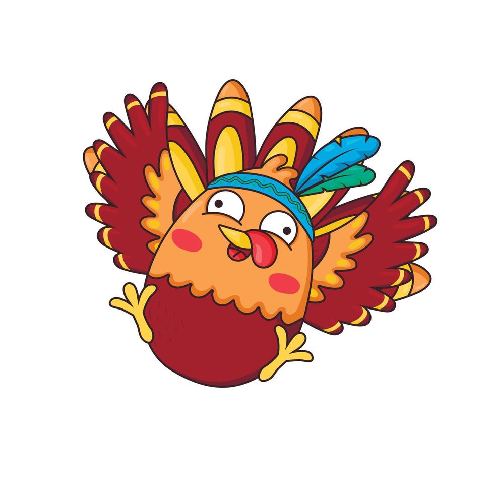 oiseau de dinde drôle de dessin animé portant un bandeau indien avec des plumes de thanksgiving vecteur