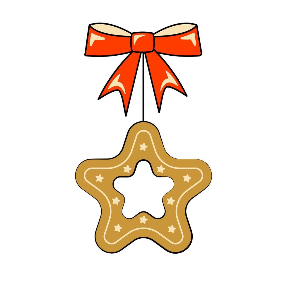 pain d'épice de jouet d'arbre de noël sous la forme d'une étoile avec un élément décoratif arc rouge dans un style rétro vecteur