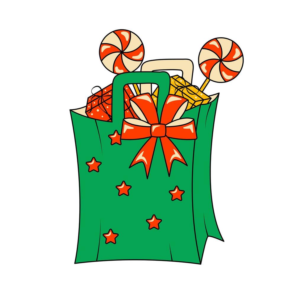 sac cadeau pour noël avec des cadeaux et des bonbons dans un style rétro vecteur