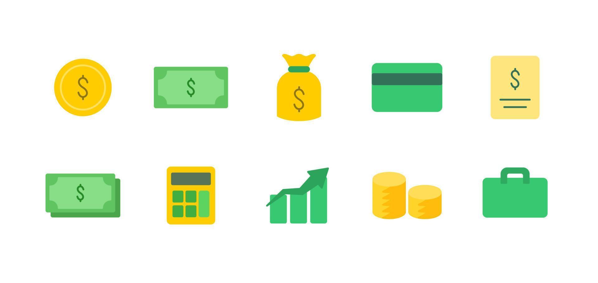 finance argent jeu d'icônes simple plat vert jaune coloré symbole argent pièce carte graphique calculatrice illustration vecteur