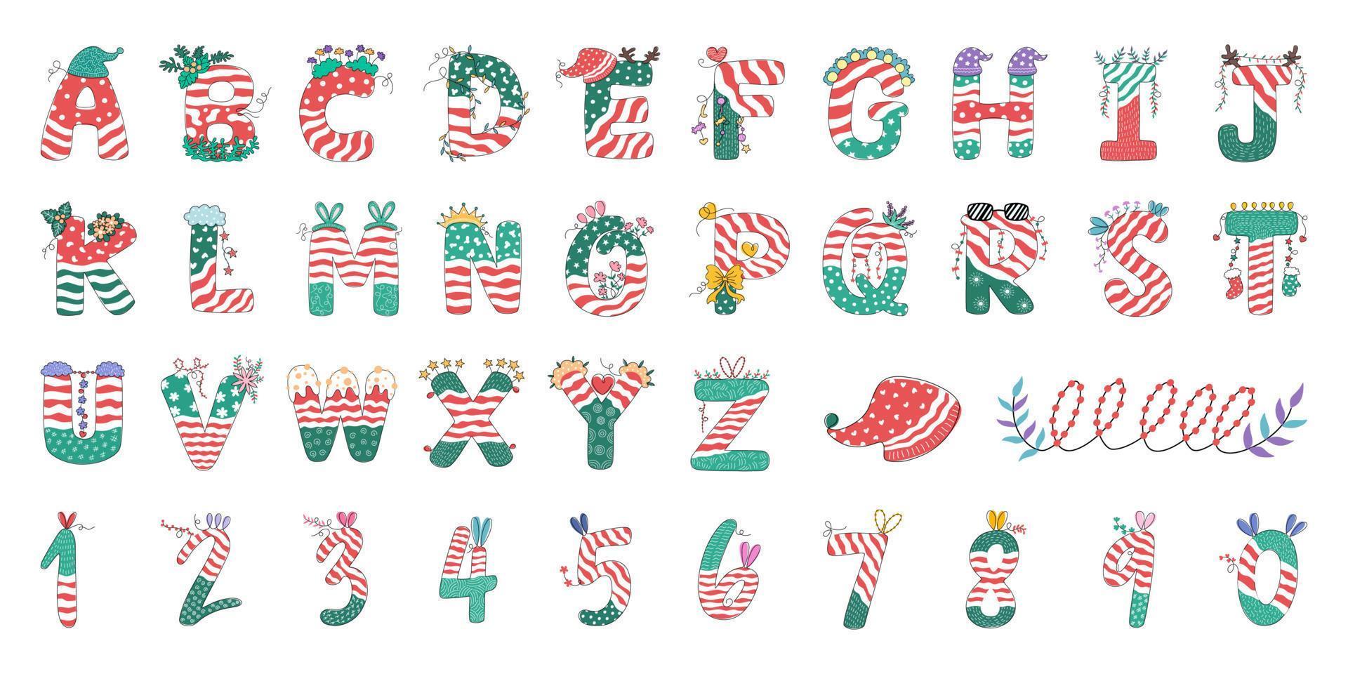 ensemble d'alphabet et de chiffres dans un thème de noël. conçu dans un style doodle, il peut être adapté à une variété de styles, tels que la décoration de cartes, la conception de sacs, le scrapbooking, la tasse, la conception de t-shirts, les autocollants vecteur