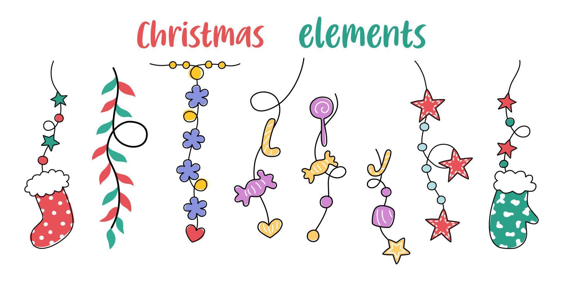 ensemble d'éléments de noël conçu dans un style doodle sur fond blanc pour les décorations sur le thème de noël, la conception de cartes, les impressions numériques, les autocollants, les cadeaux, le scrapbooking et plus encore. vecteur