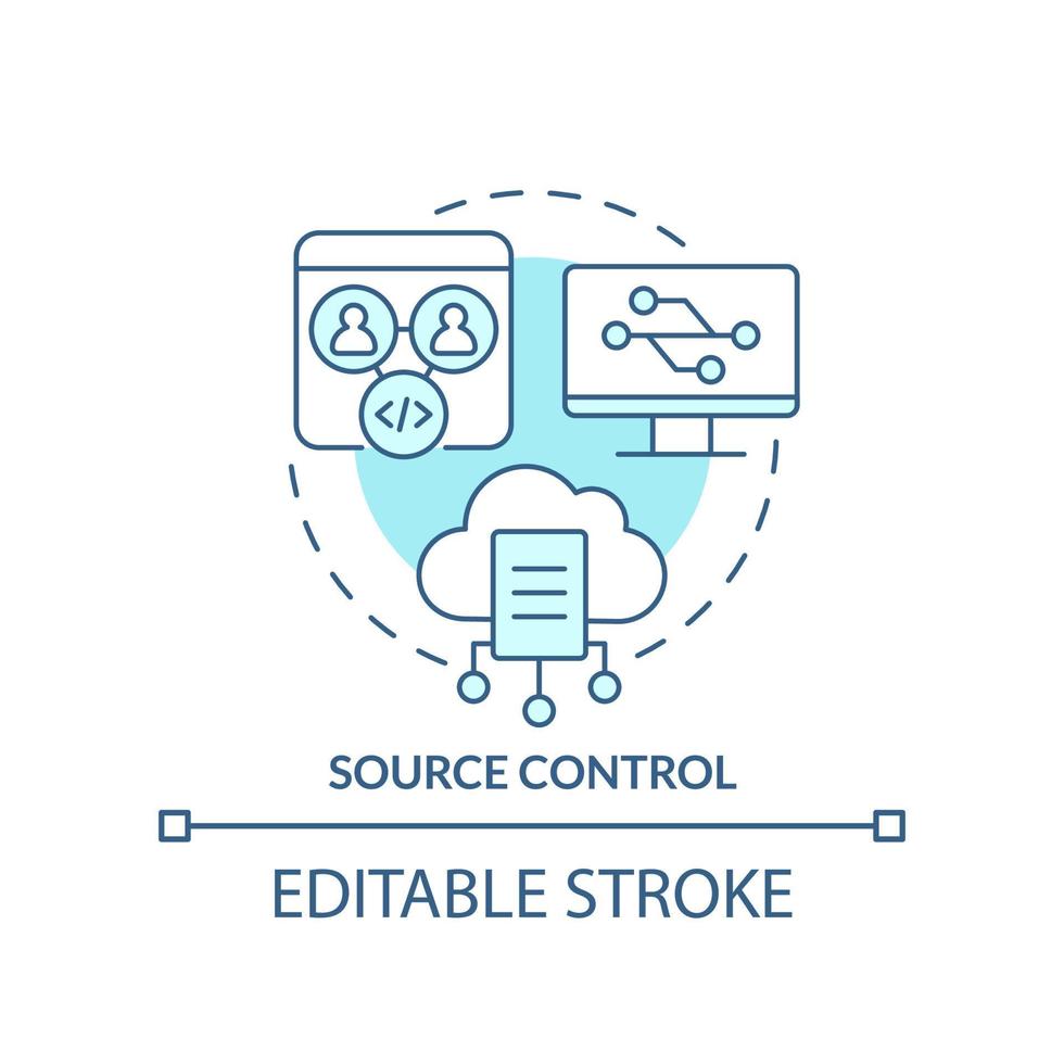 icône de concept turquoise de contrôle de source. suivi des changements de code. compétence de programmation idée abstraite illustration de ligne mince. dessin de contour isolé. trait modifiable. vecteur