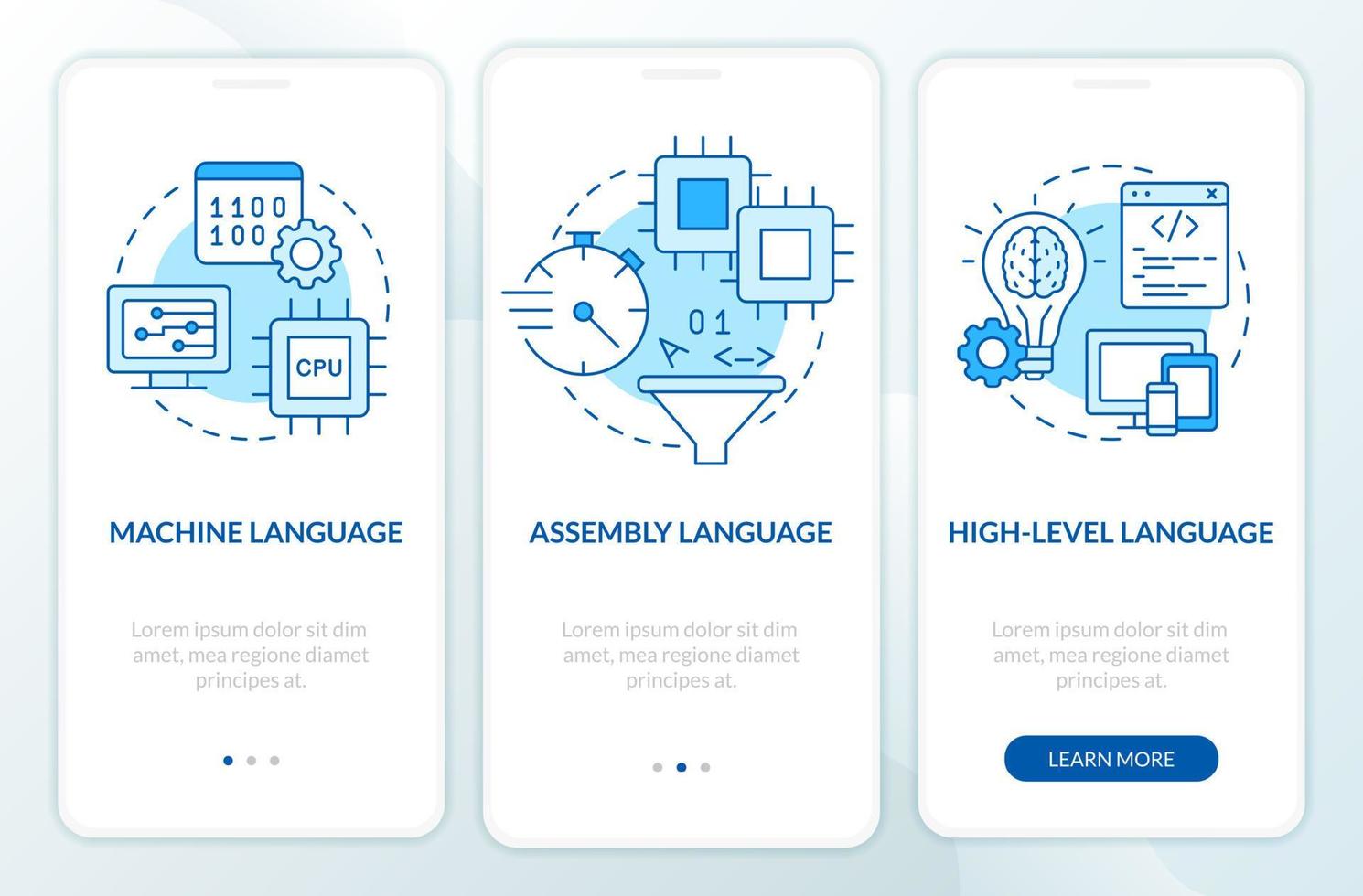 types de langages informatiques écran d'application mobile d'intégration bleu. pages d'instructions graphiques en 3 étapes avec des concepts linéaires. ui, ux, modèle d'interface graphique. vecteur