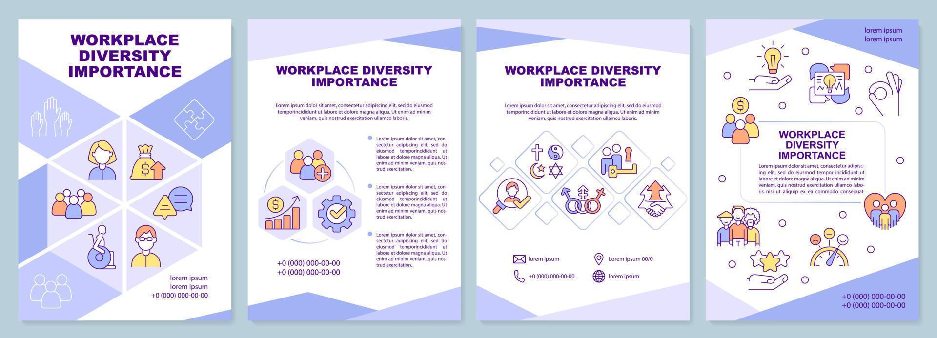 modèle de brochure violet sur l'importance de la diversité au travail. conception de dépliant avec des icônes linéaires. 4 mises en page vectorielles modifiables pour la présentation, les rapports annuels. vecteur