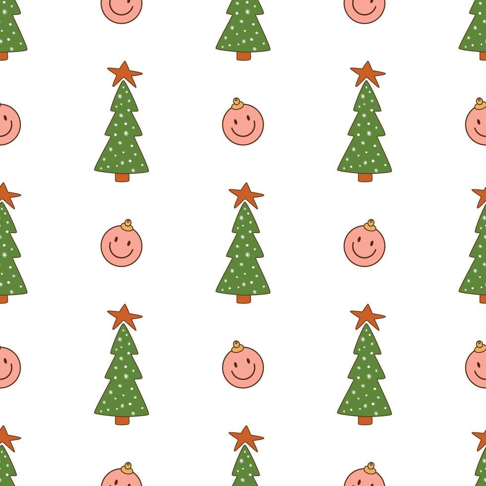 motif de noël super. fond d'arbre de noël groovy hippie rétro des années 70, symbole de visage souriant groovy. imprimé rétro des années 60 pour les vacances d'hiver. conception de surface vintage, papier d'emballage. illustration vectorielle vecteur