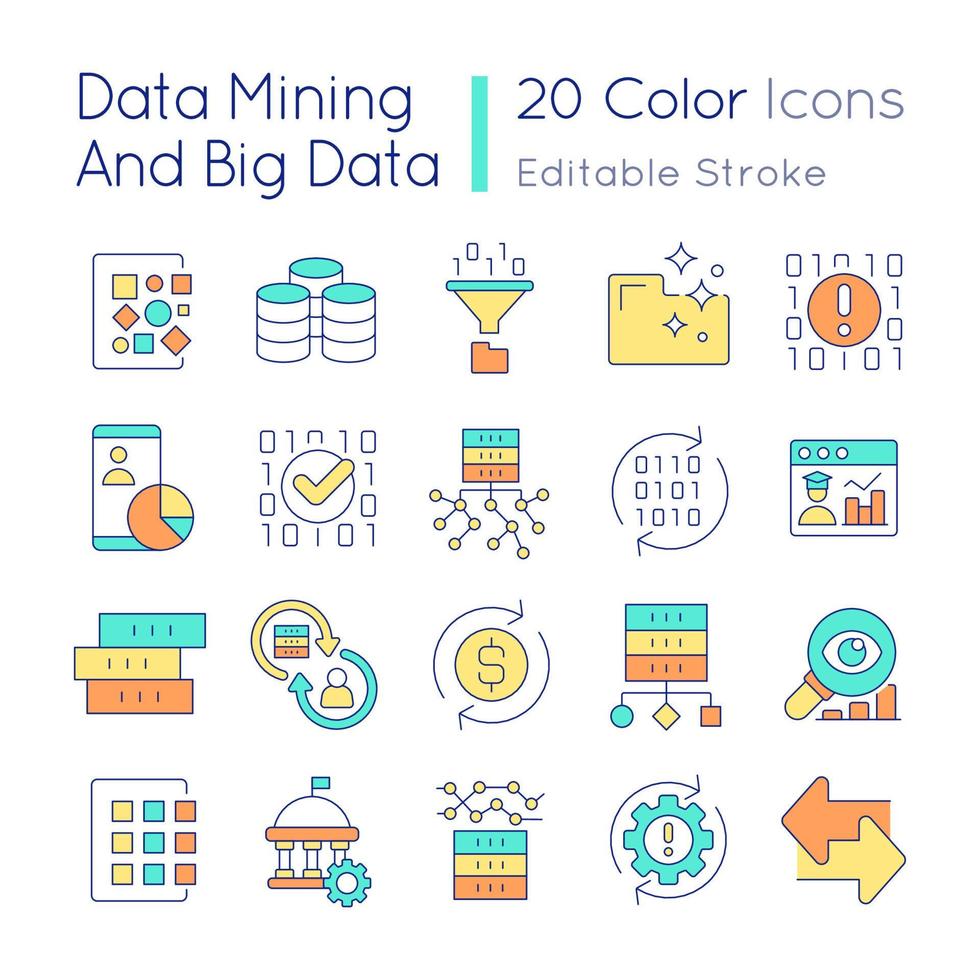 ensemble d'icônes de couleur rvb d'exploration de données et de données volumineuses. l'analyse informatique. illustrations vectorielles isolées. l'informatique. collection de dessins au trait remplis simples. trait modifiable. vecteur