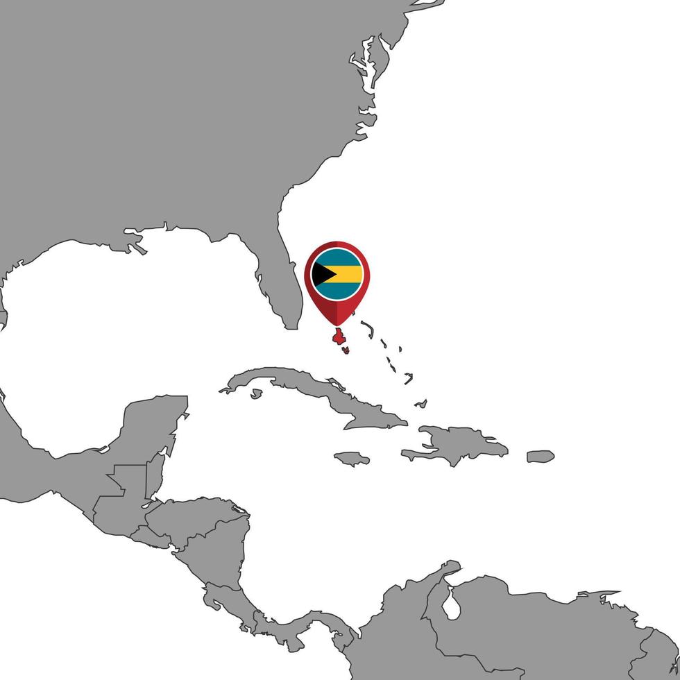 épinglez la carte avec le drapeau des bahamas sur la carte du monde. illustration vectorielle. vecteur