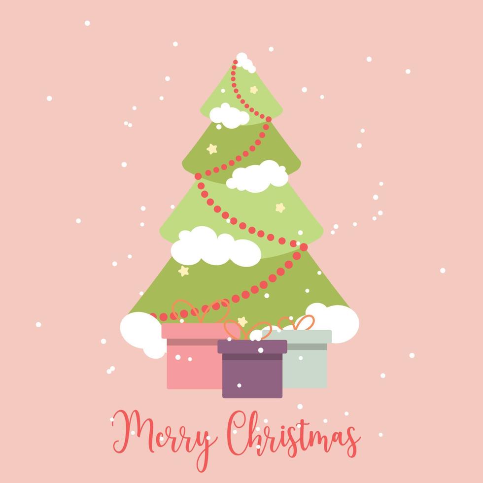 carte de Noël. arbre avec des cadeaux. carte postale de couleur rose vecteur