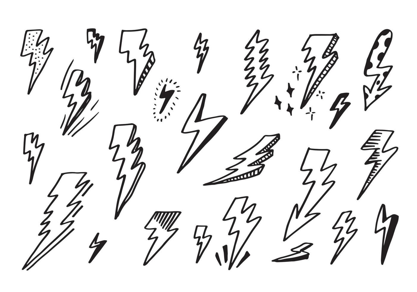 ensemble d'illustrations de croquis de symbole d'éclair électrique doodle vecteur dessinés à la main. icône de doodle de symbole de tonnerre.