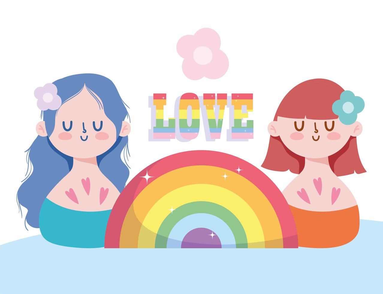 dessins animés de filles avec arc-en-ciel lgbti vecteur