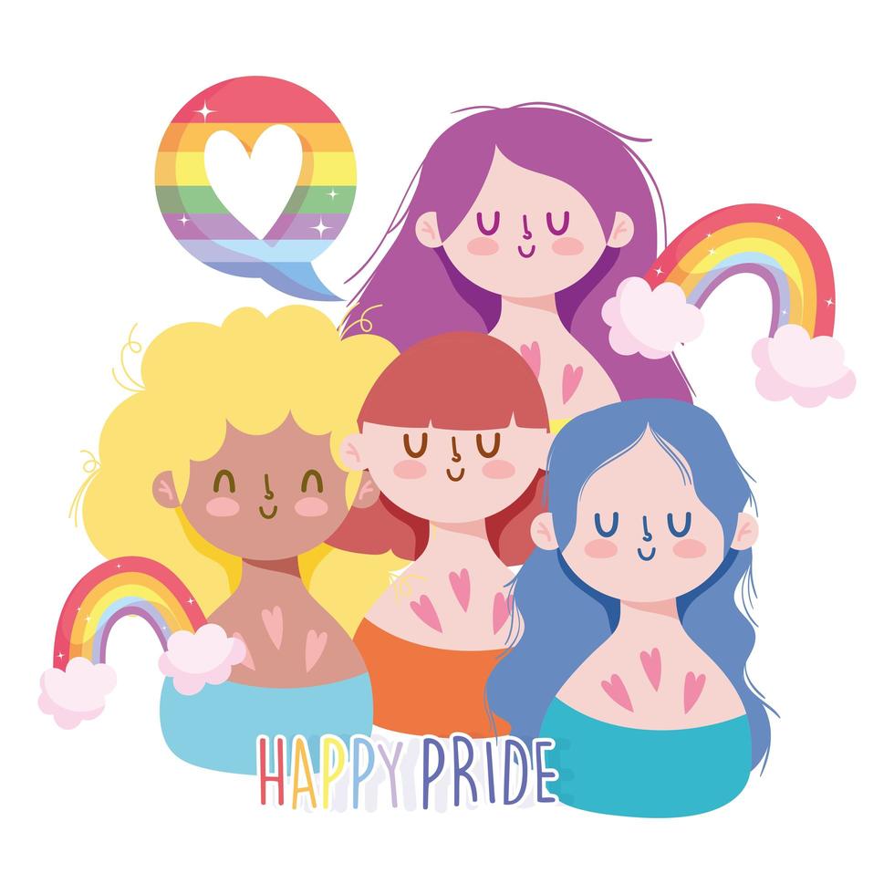 dessins animés de filles avec des arcs en ciel lgbti vecteur