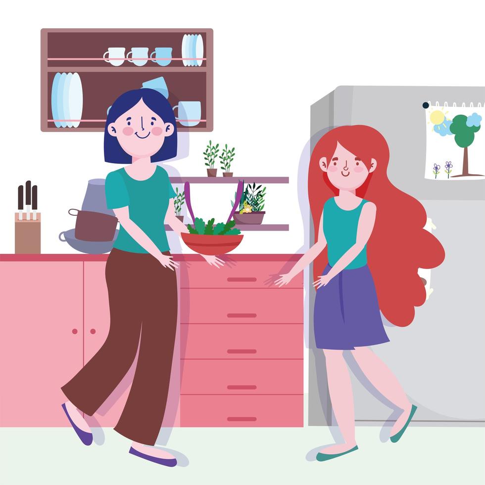 femme et fille avec des légumes dans un bol dans la cuisine vecteur