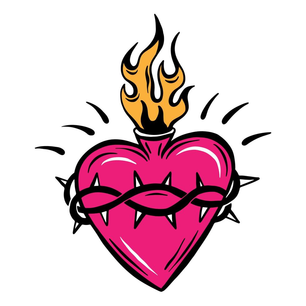 doodle coeur brûlant avec du fil de fer barbelé. tatouage dans le style des années 90, y2k. tatouage temporaire transférable fille vecteur