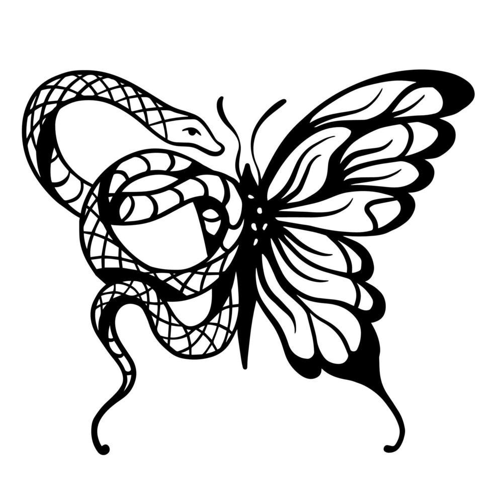 serpent noir et papillon. tatouage dualiste dans le style des années 90, 2000, 00. ornement à la mode et élégant vecteur