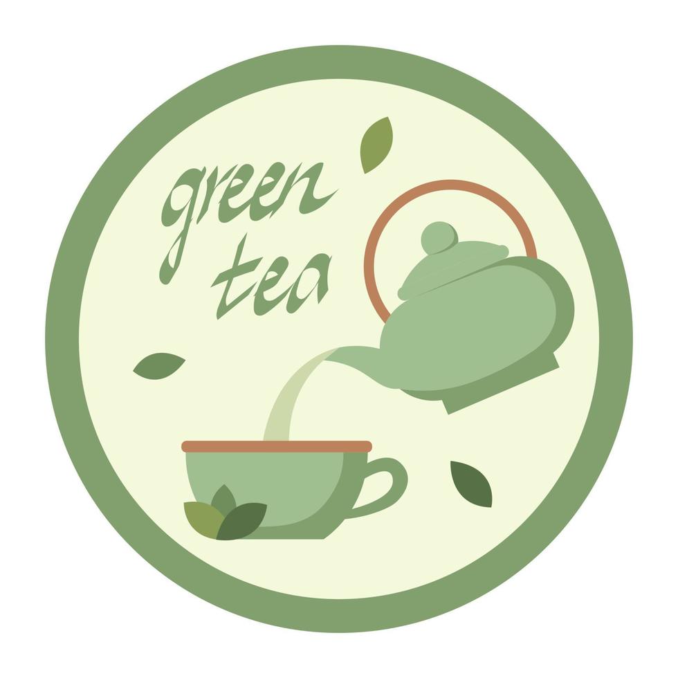 logo de thé vert. tasse de thé vert et théière. conception graphique de vecteur de logo de thé vert arrondi. vecteur de conception de logo isolé sur fond blanc. couleurs vertes. verser du thé. conception plate. emblème.